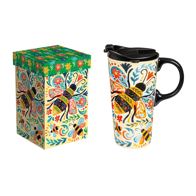 Ceramic Perfect Travel Cup, 17 oz., w/ box, Floral Bee,3ctc017208