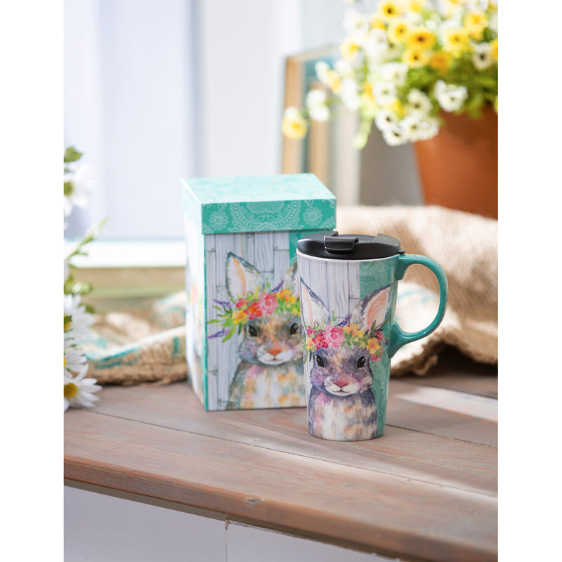 Ceramic Travel Cup, 17 OZ. ,w/box, Bunny with Flower Halo,3ctc017939