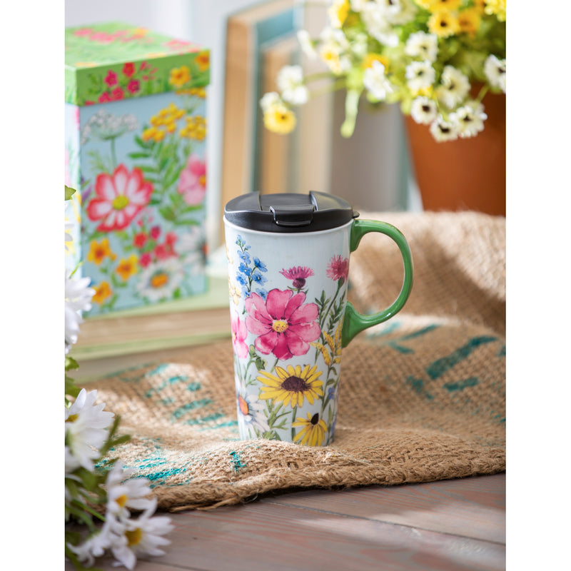 Ceramic Travel Cup, 17 OZ. ,w/box, Spring Wildflowers,3ctc017940