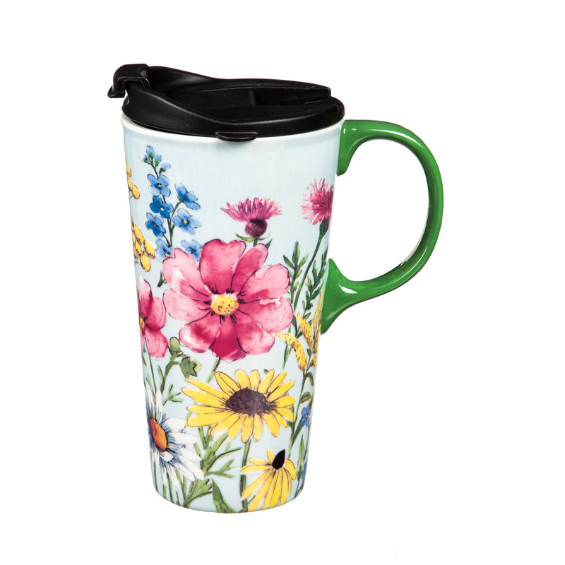 Ceramic Travel Cup, 17 OZ. ,w/box, Spring Wildflowers,3ctc017940