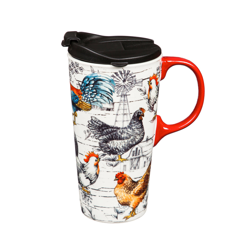Ceramic Travel Cup, 17 OZ. ,w/box, Chicken Collage