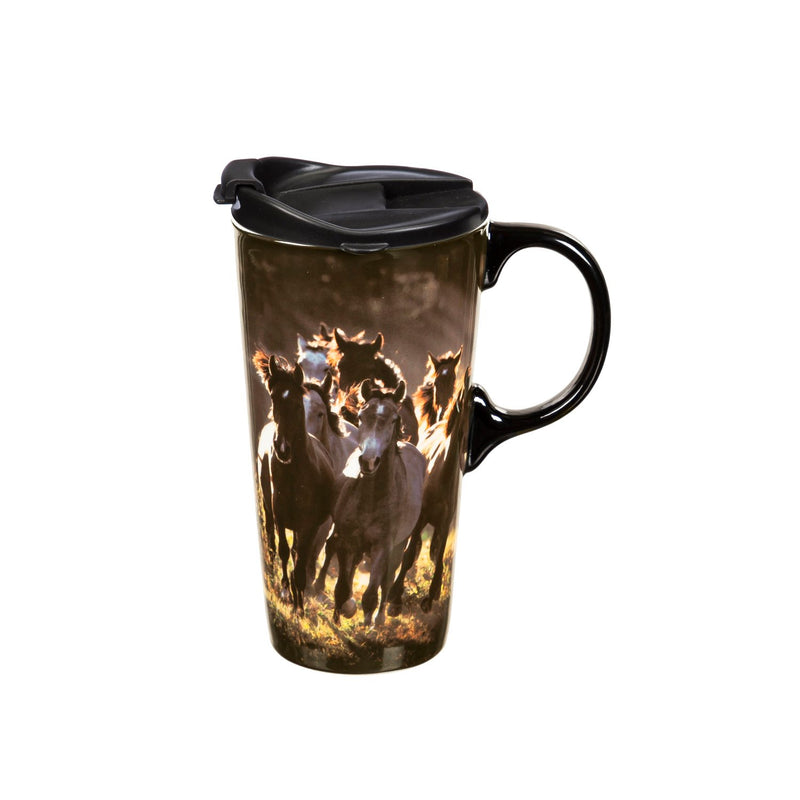 Ceramic Travel Cup, 17 OZ. ,w/box, Running Horses,3ctc017985