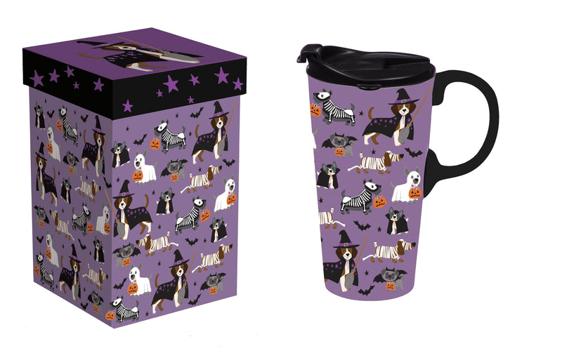 Evergreen Home Accents,Ceramic Perfect Travel Cup, 17oz, w/ Gift Box, Halloween Pups,5.24x3.55x7 Inches