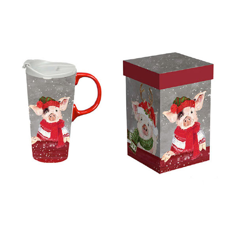 Ceramic Perfect Travel Cup, 17 oz., w/ box, Holiday Pig Friends,3ctc04041