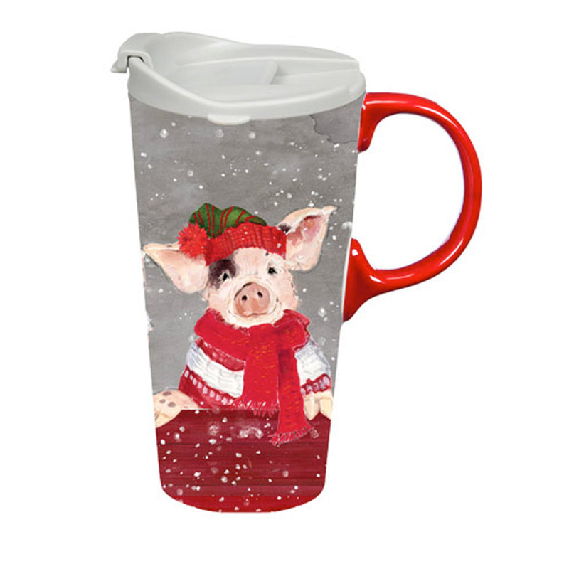 Ceramic Perfect Travel Cup, 17 oz., w/ box, Holiday Pig Friends,3ctc04041