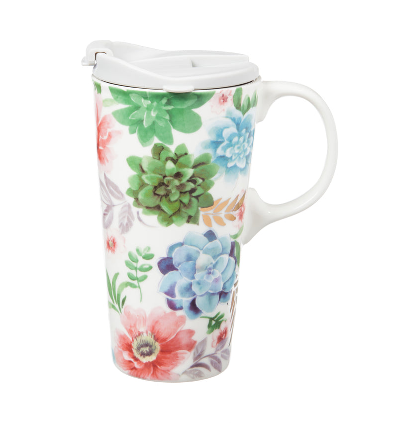 Evergreen Tabletop,Ceramic Travel Cup w/box, 17 OZ., Fresh Succulents,5.25x3.6x7 Inches