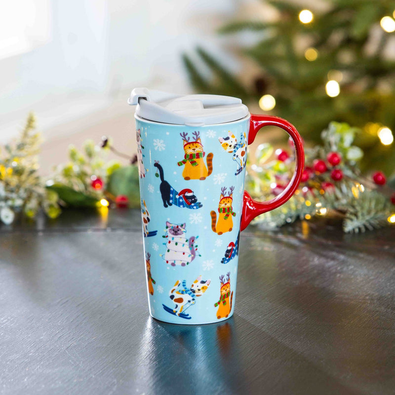 Ceramic Travel Cup, 17 OZ. ,w/box, Meowy Christmas and Happy Howlidays,3ctc049605