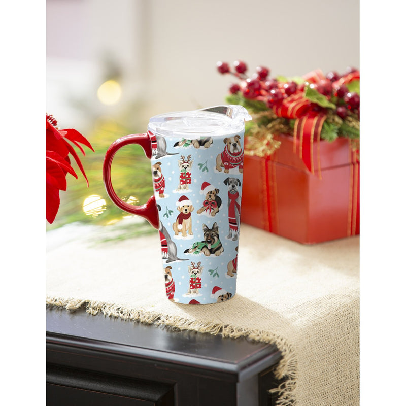 Ceramic Travel Cup, 17 OZ. ,w/box, Winter Dogs in Scarves,3ctc049606