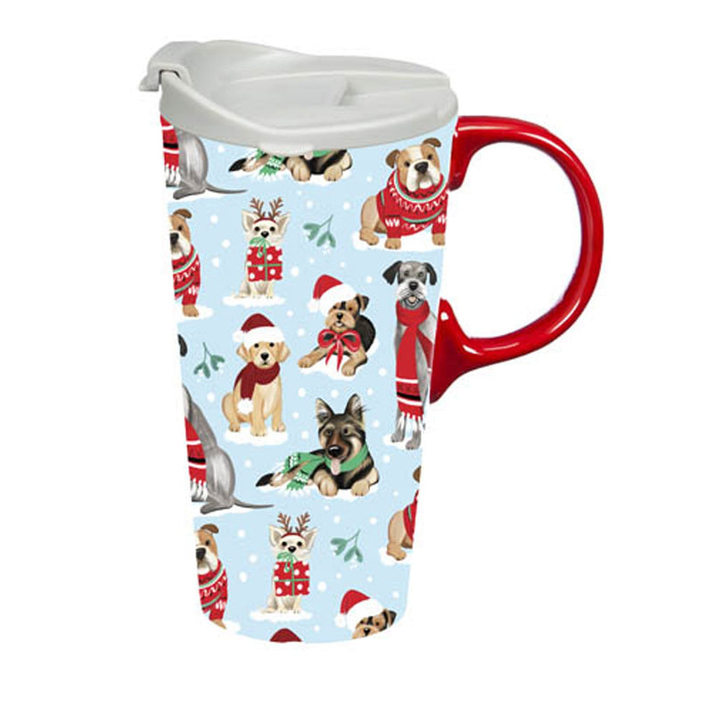 Ceramic Travel Cup, 17 OZ. ,w/box, Winter Dogs in Scarves,3ctc049606