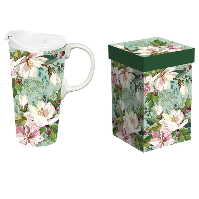 Ceramic Perfect Travel Cup, 17oz, w/ Gift Box, Joyful Magnolias,3ctc10034