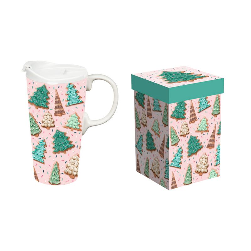 Ceramic Perfect Travel Cup, 17oz, w/ Gift Box, Cookie Christmas Trees,3ctc10035