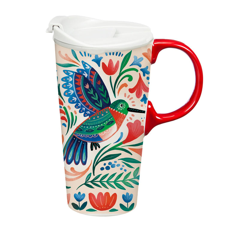 Ceramic Perfect Travel Cup, 17 oz., w/ box, Floral Hummingbird,3ctc100415