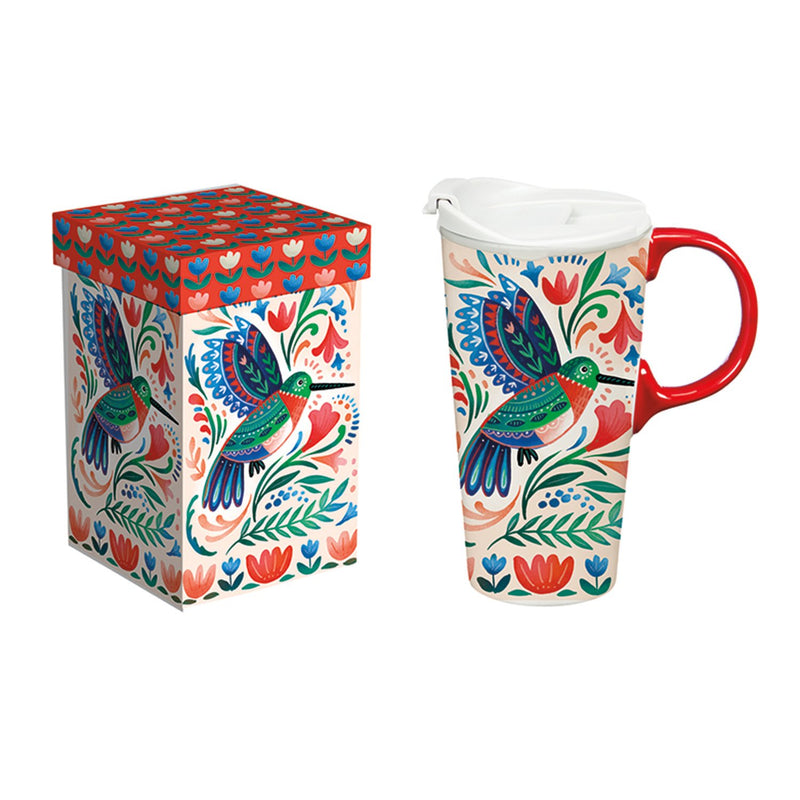 Ceramic Perfect Travel Cup, 17 oz., w/ box, Floral Hummingbird,3ctc100415