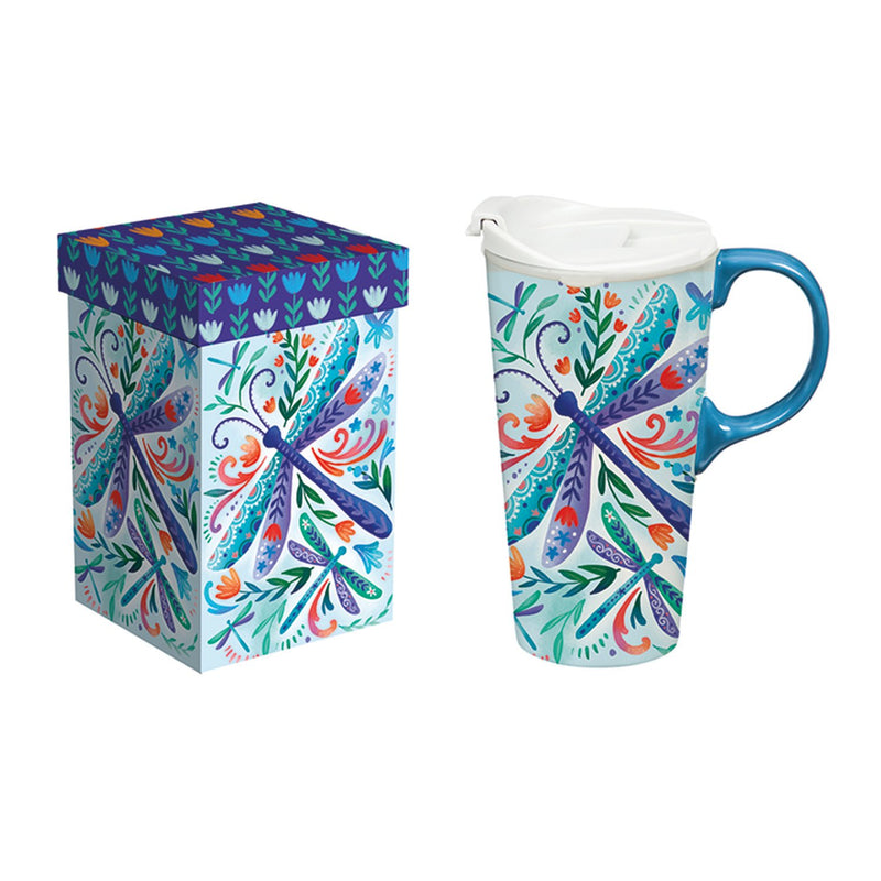 Ceramic Perfect Travel Cup, 17 oz., w/ box, Floral Dragonfly,3ctc100416