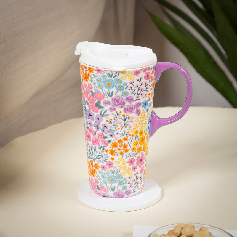 Ceramic Perfect Travel Cup, 17 oz., w/ box, Multicolor Wildflowers,3ctc100419