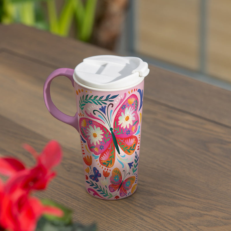 Ceramic Perfect Travel Cup, 17oz., w/ Gift Box, Floral Butterfly,3ctc100464