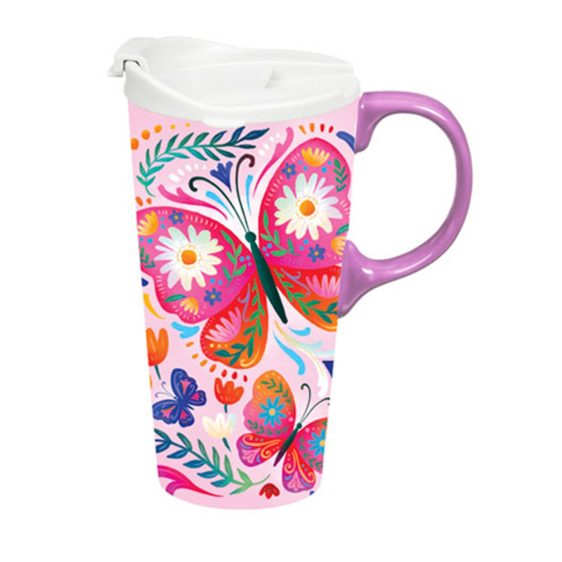 Ceramic Perfect Travel Cup, 17oz., w/ Gift Box, Floral Butterfly,3ctc100464