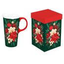 Holiday Poinsettia Travel Cup Ceramic Perfect Cup, Poinsettia Bouquet, 17oz, Gift Box