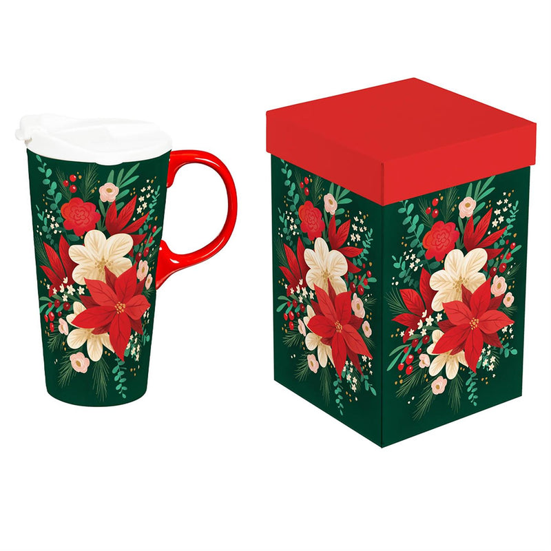 Holiday Poinsettia Travel Cup Ceramic Perfect Cup, Poinsettia Bouquet, 17oz, Gift Box