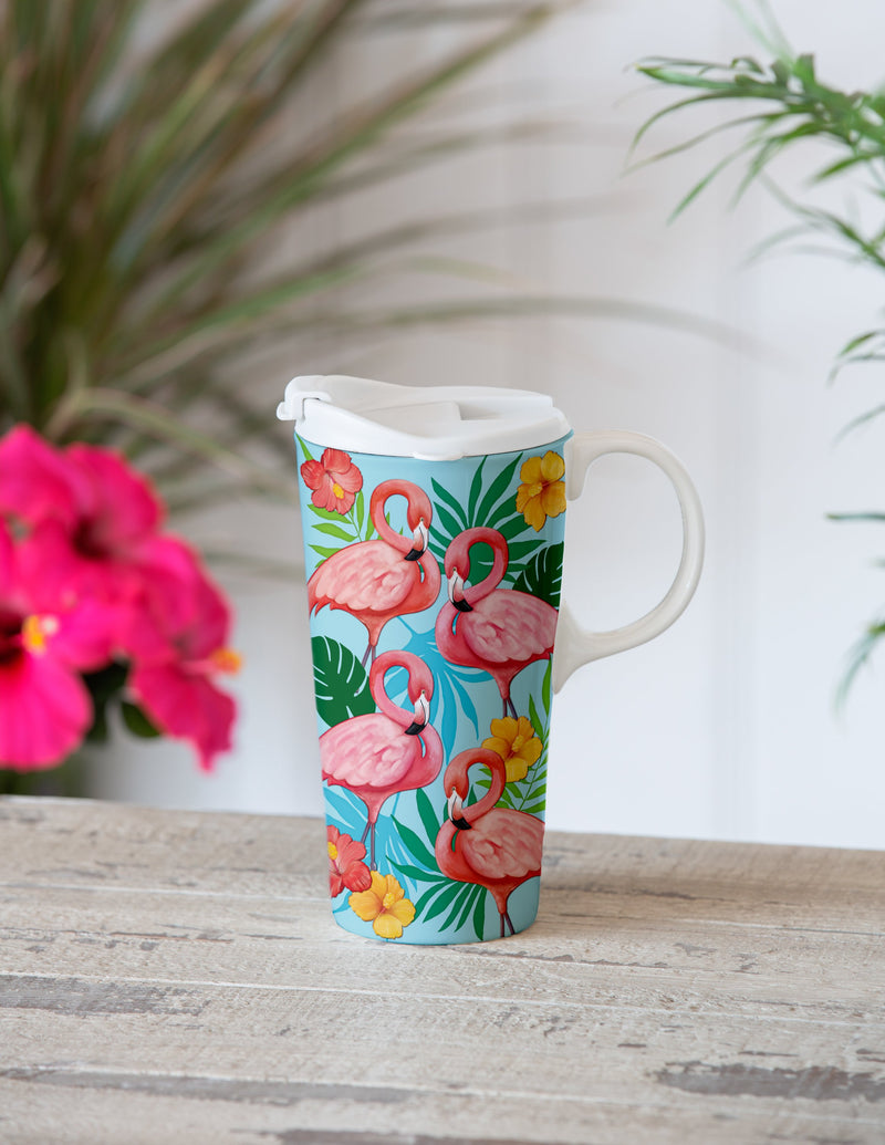 Ceramic Perfect Travel Cup, 17oz, w/ Gift Box, Flamingo Jungle,3ctc10134