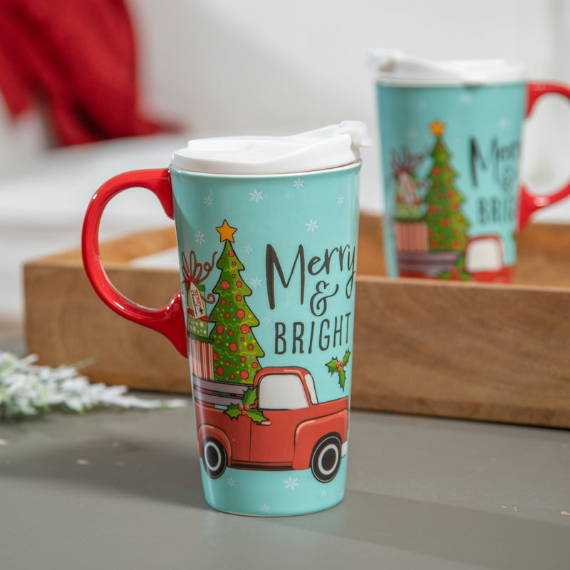 Ceramic Perfect Travel Cup, 17oz, w/ Gift Box, Merry & Bright Truck,3ctc10138