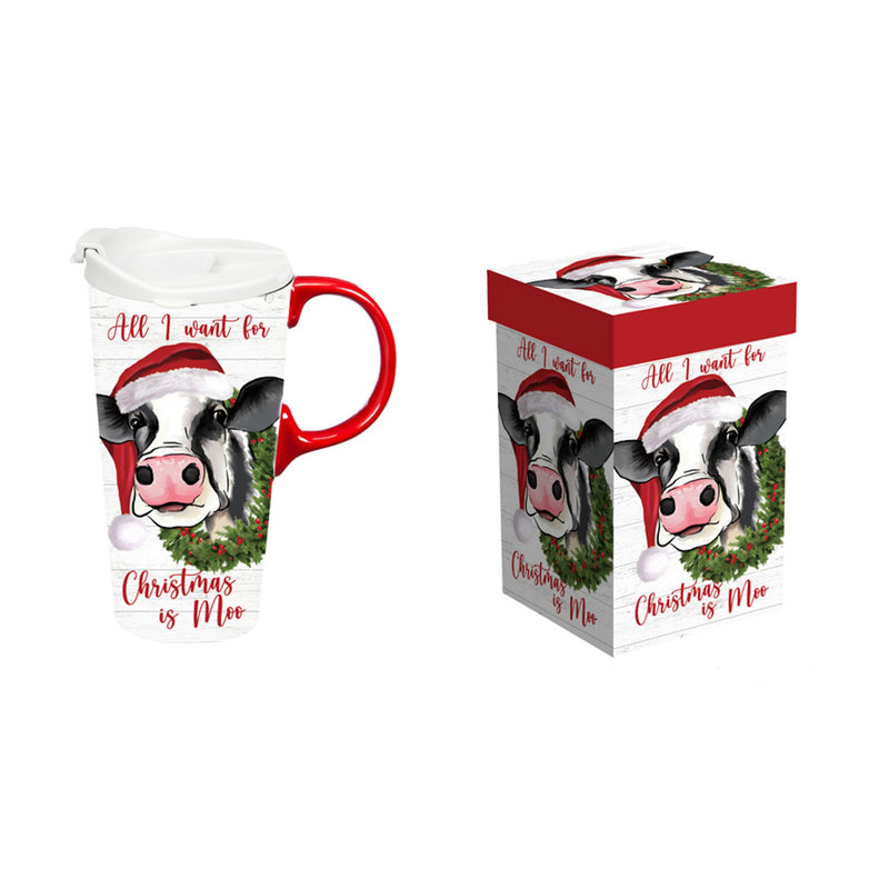 Ceramic Perfect Travel Cup, 17oz, w/ Gift Box, All I Want For Christmas Is Moo,3ctc10143