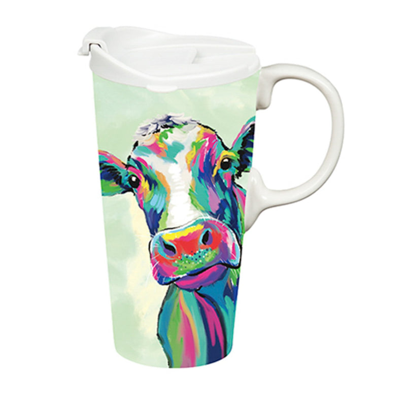 Ceramic Perfect Travel Cup, 17oz., w/ Gift Box, Colorful Cow,3ctc109688