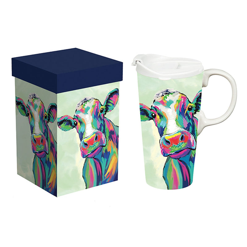 Ceramic Perfect Travel Cup, 17oz., w/ Gift Box, Colorful Cow,3ctc109688