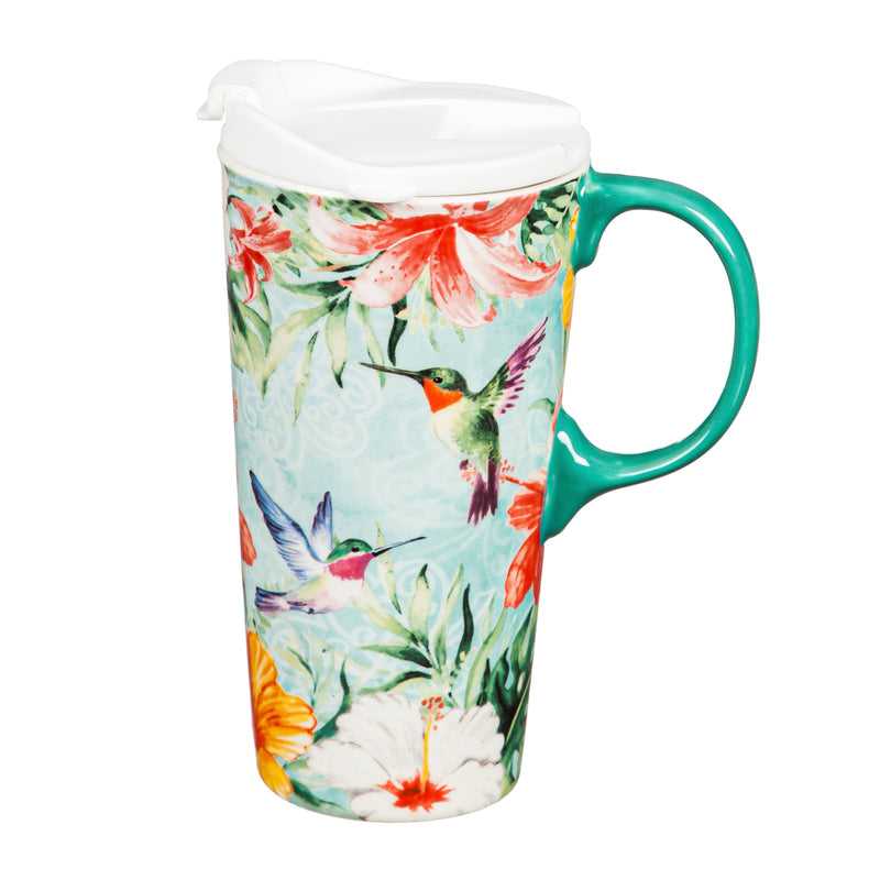 Ceramic Travel Cup, 17 OZ. ,w/box, Hummingbird Friends,3ctc109700