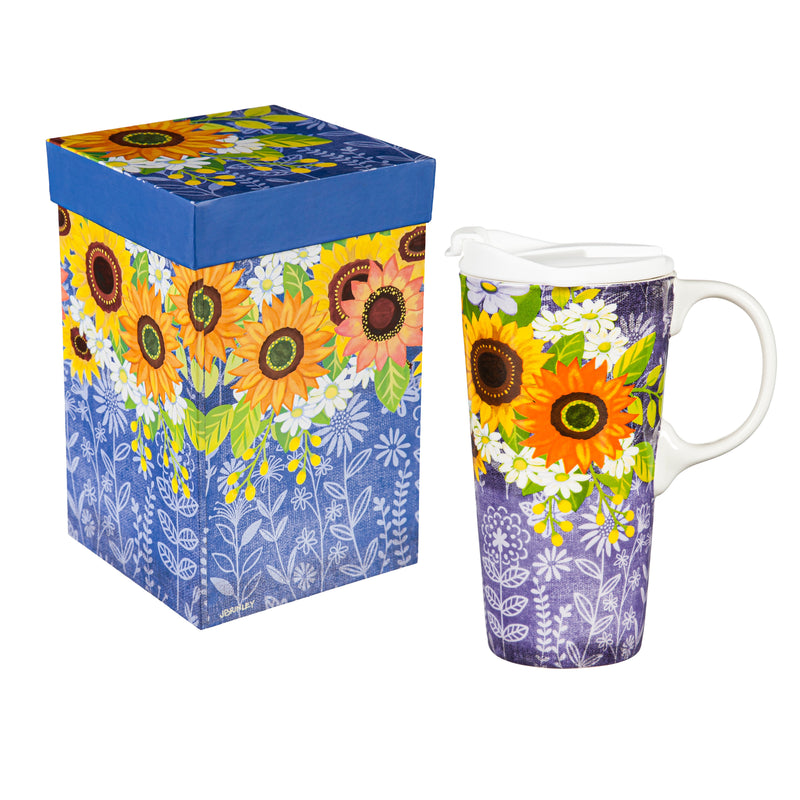 Ceramic Travel Cup, 17 OZ., w/box, Sunflowers,3ctc109702