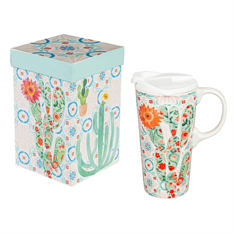 Ceramic Travel Cup, 17 OZ. ,w/box, Desert Cacti Floral