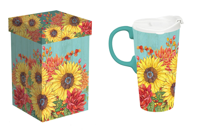 Ceramic Perfect Travel Cup, 17oz, w/ Gift Box, Sunflower Bouquets,3ctc109879