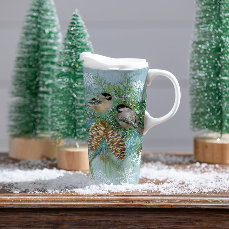 Ceramic Perfect Travel Cup, 17oz, w/ Gift Box, Winter Frost Chickadees,3ctc109905