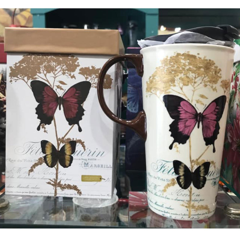 Evergreen Tabletop,Ceramic Travel Cup, 17 oz., Butterfly,3.46x5.31x7.08 Inches