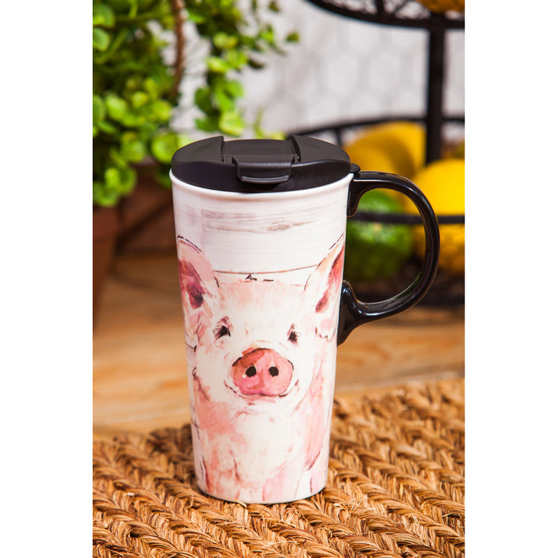 Evergreen Tabletop,Ceramic Perfect Cup w/Box, 17 oz., Pretty Pink Pig,5.24x3.55x6.5 Inches
