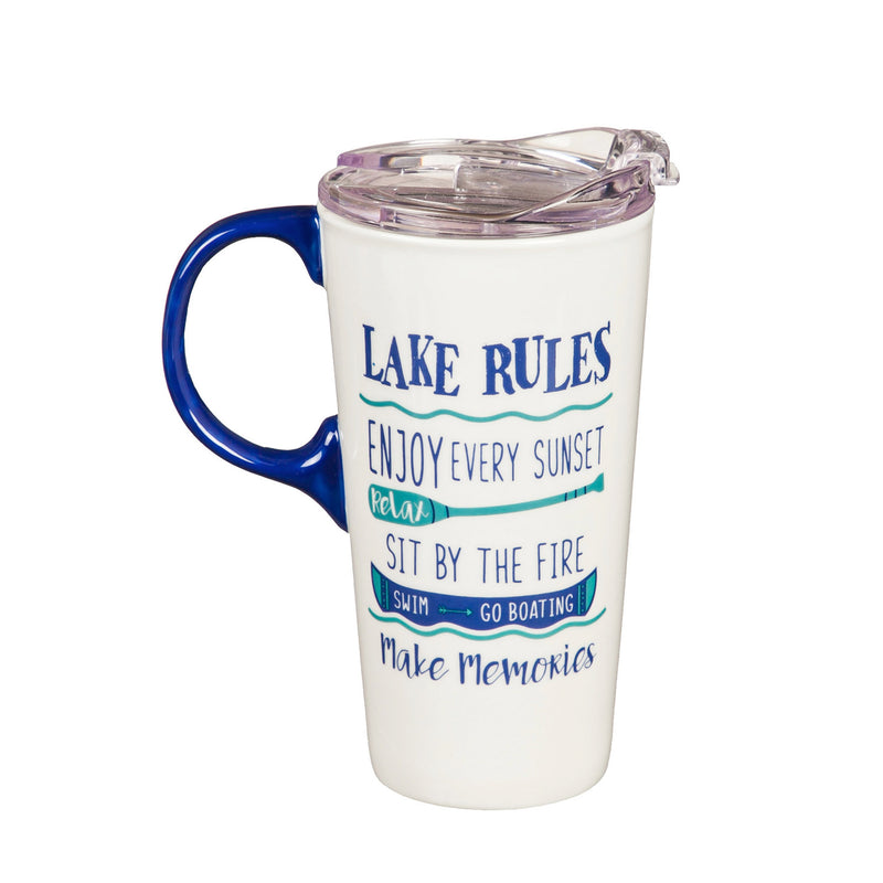 Evergreen Tabletop,Ceramic Travel Cup, 17 OZ. ,w/box and Tritan Lid, Lake Rules,5.25x3.6x7 Inches