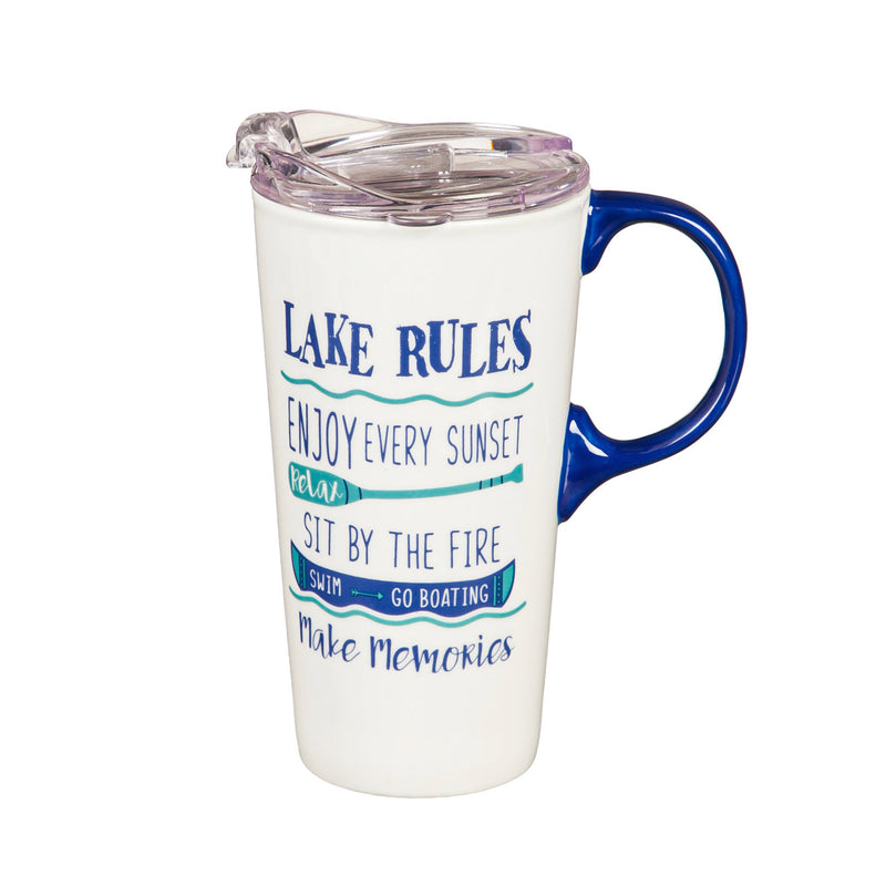 Evergreen Tabletop,Ceramic Travel Cup, 17 OZ. ,w/box and Tritan Lid, Lake Rules,5.25x3.6x7 Inches