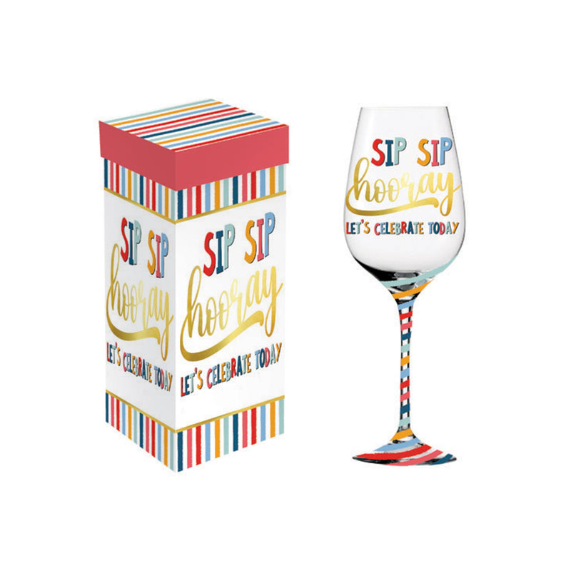 Stemmed Wine Glass, 17oz, Sip Sip Hooray, Let's Celebrate Today!,3cwg667