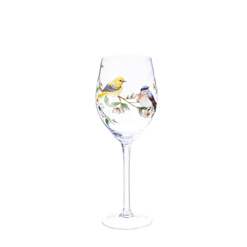 Stemmed Wine Glass, 17oz, Birds in Blooms,3cwg9863