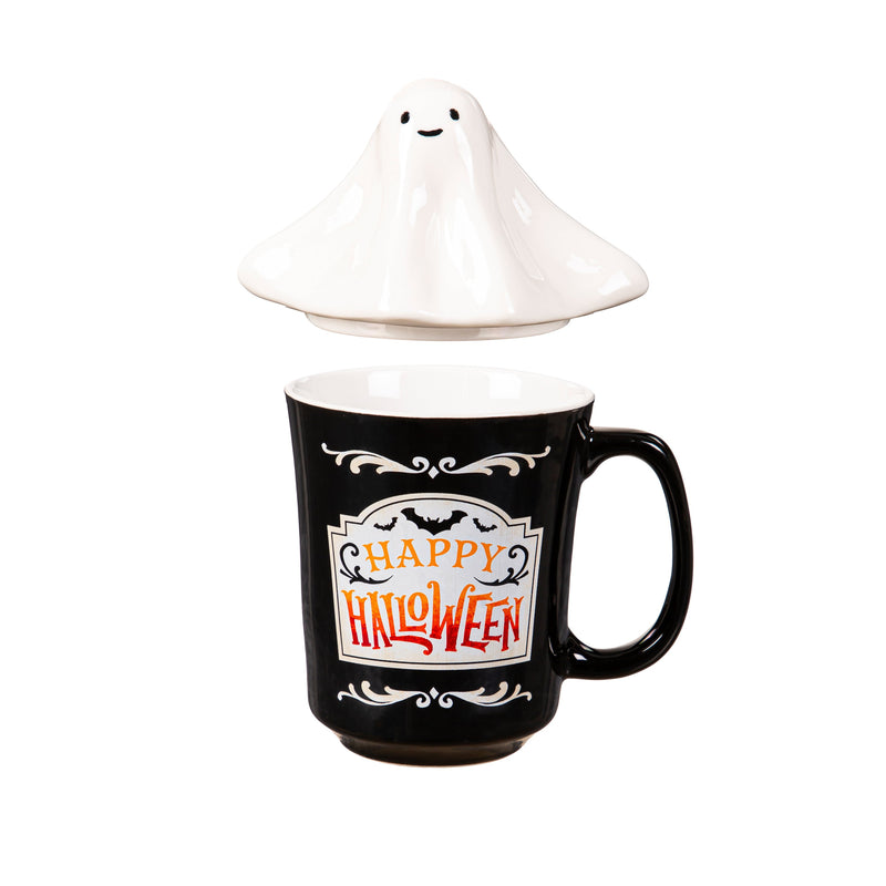 14oz. Cup of Awesome w/ Sculpted Ceramic Lid and Gift Box, Happy Halloween Ghost,3dwg029