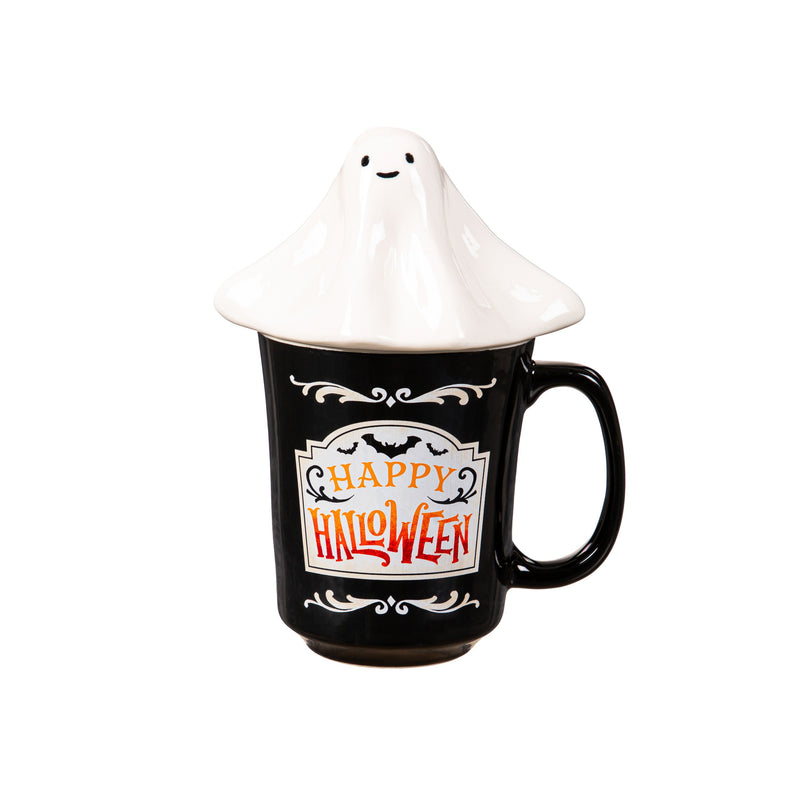 14oz. Cup of Awesome w/ Sculpted Ceramic Lid and Gift Box, Happy Halloween Ghost,3dwg029