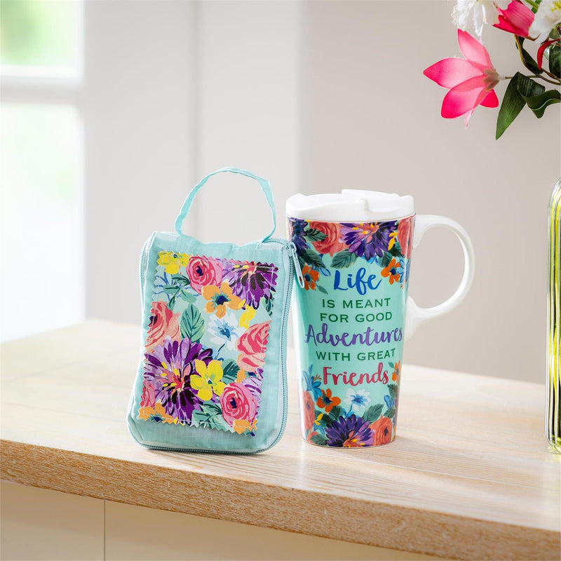 Life Is Meant For Good Adventures Ceramic Perfect Cup and Compact Tote Giftset, 17oz, Gift Box