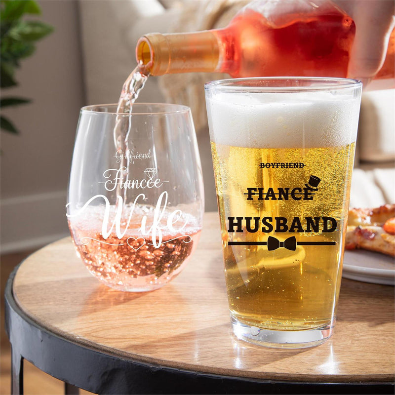 Wedding Stemless Glass and Beer Pint Giftset, 17oz and 16oz, Gift Box