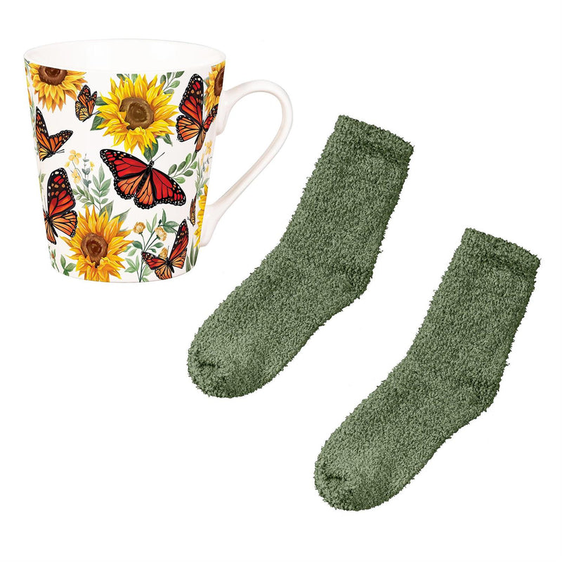 Butterfly Ceramic Flare Cup and Sage Socks Gift Set, 12oz, Gift Box