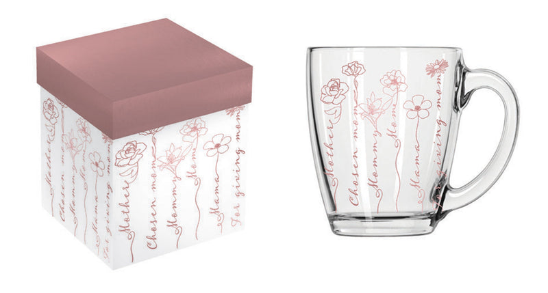 17oz Glass Cup w/ Rose Gold Accents and Gift Box, Mother Florals,3gcc264c