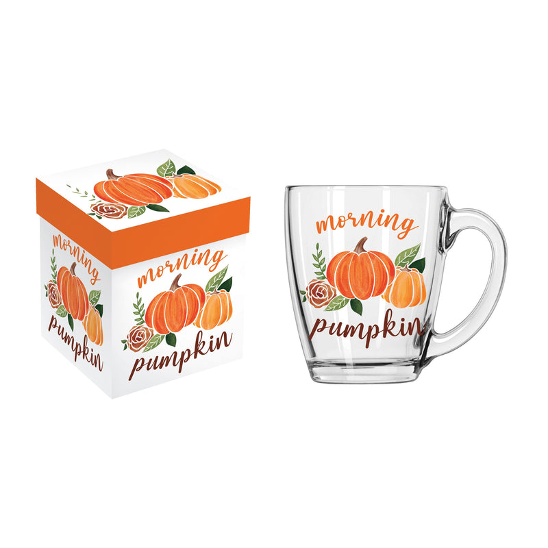 Evergreen Home Accents,10oz Glass Cup w/ Gift Box, Morning Pumpkin,4.76x2.08x4.25 Inches