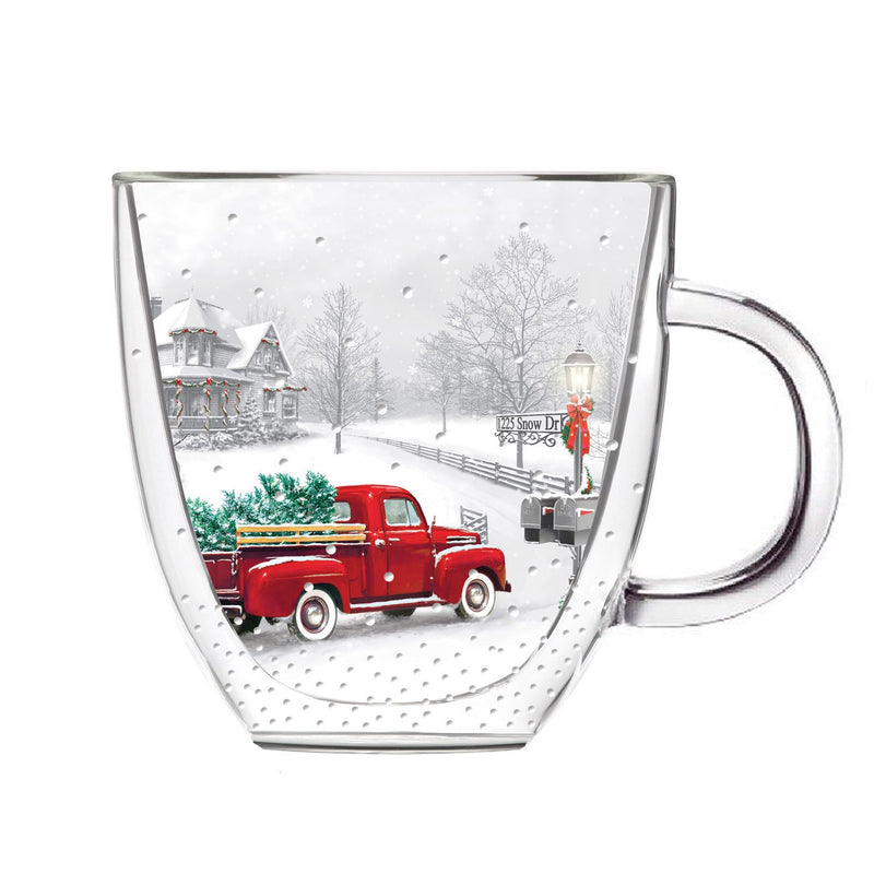 Evergreen Tabletop,Double Wall Glass Cafe Cup, 12 oz., Winter Truck,5x4.3x3.7 Inches