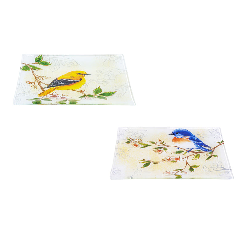 6" Glass Square Appetizer Plate, Birds in Blooms,3gpl9863