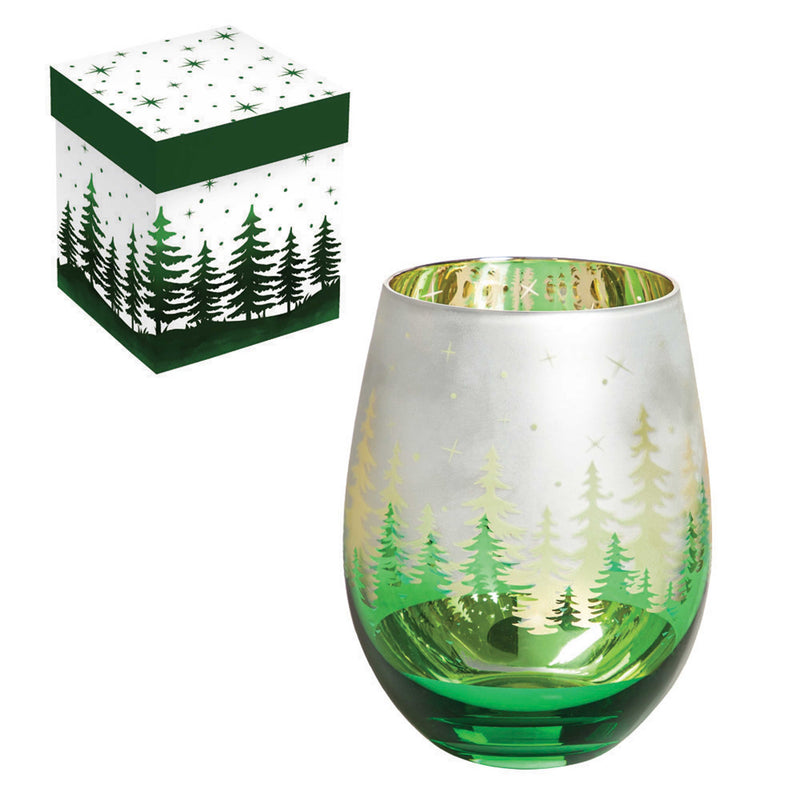 18oz Stemless Glass with Ion Plating and Etched Decoration, Green, Trees,3ip004