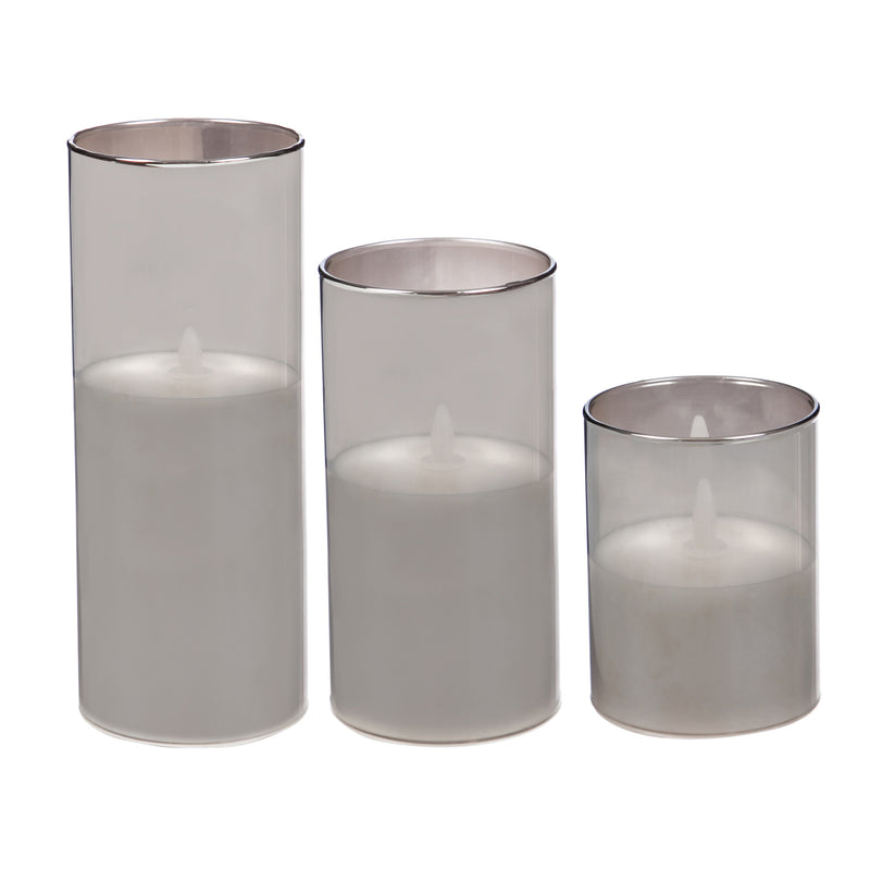 Smoke Glass Battery Operated Flameless LED Wax Pillar Candle, Set of 3,3led148